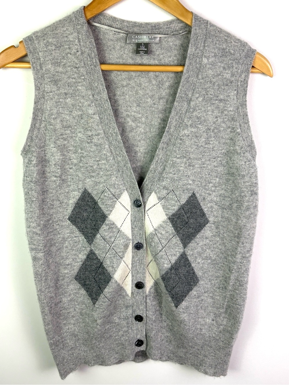 Charter Club 100% Cashmere Gray Argyle Button-Front Sweater Vest size S